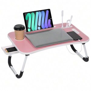 Portable Foldable Laptop Bed Desk with USB Port, Cup Holder & Drawer